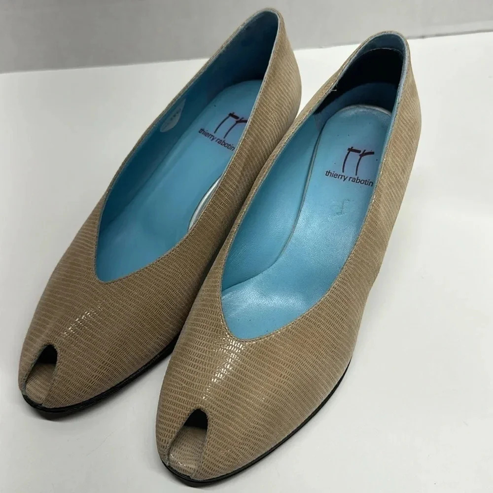Thierry Rabotin High Heel Shoes Pumps Peep Toe Suede Light Tan Brown Size 38 7.5 - Picture 5 of 13